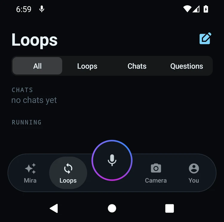 A screenshot of the Iris Android app: the Loops tab with your chats, loops and questions, and the hold-to-talk button at the bottom.