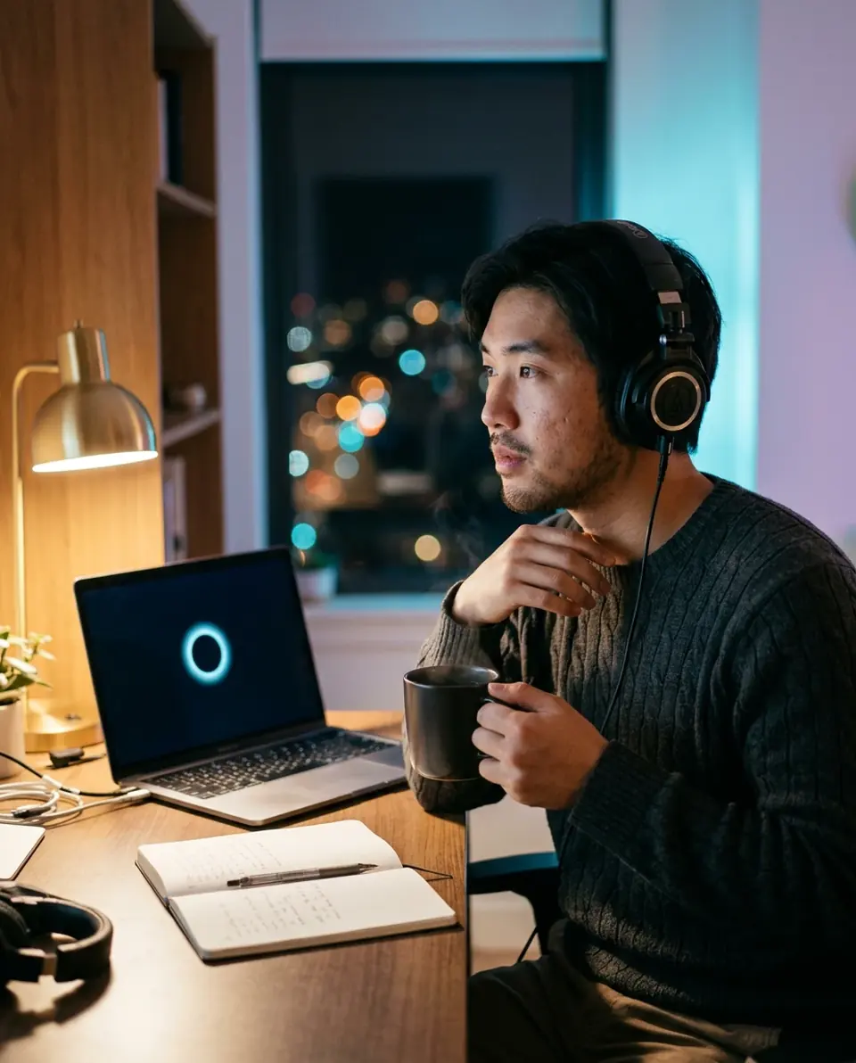 A young man with headphones at his desk at night, a laptop in front of him and a mug in his hand (illustrative photo).