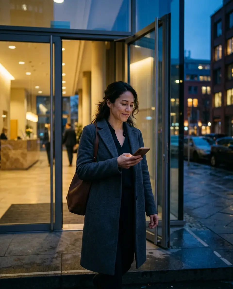 A woman leaves an office building at dusk, glancing at her phone with a relieved smile (illustrative photo).