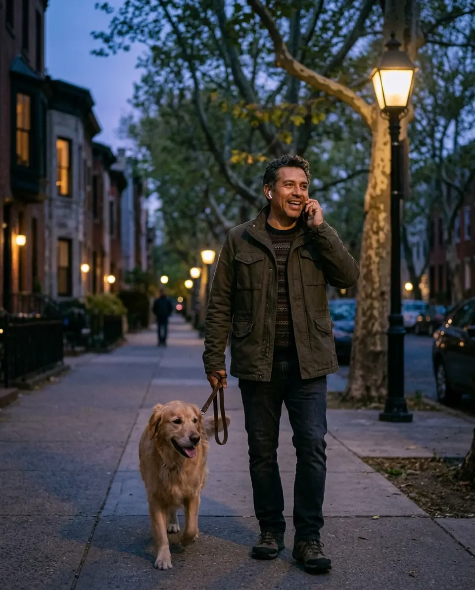 A man walking a golden retriever at dusk, talking through one earbud (illustrative photo).