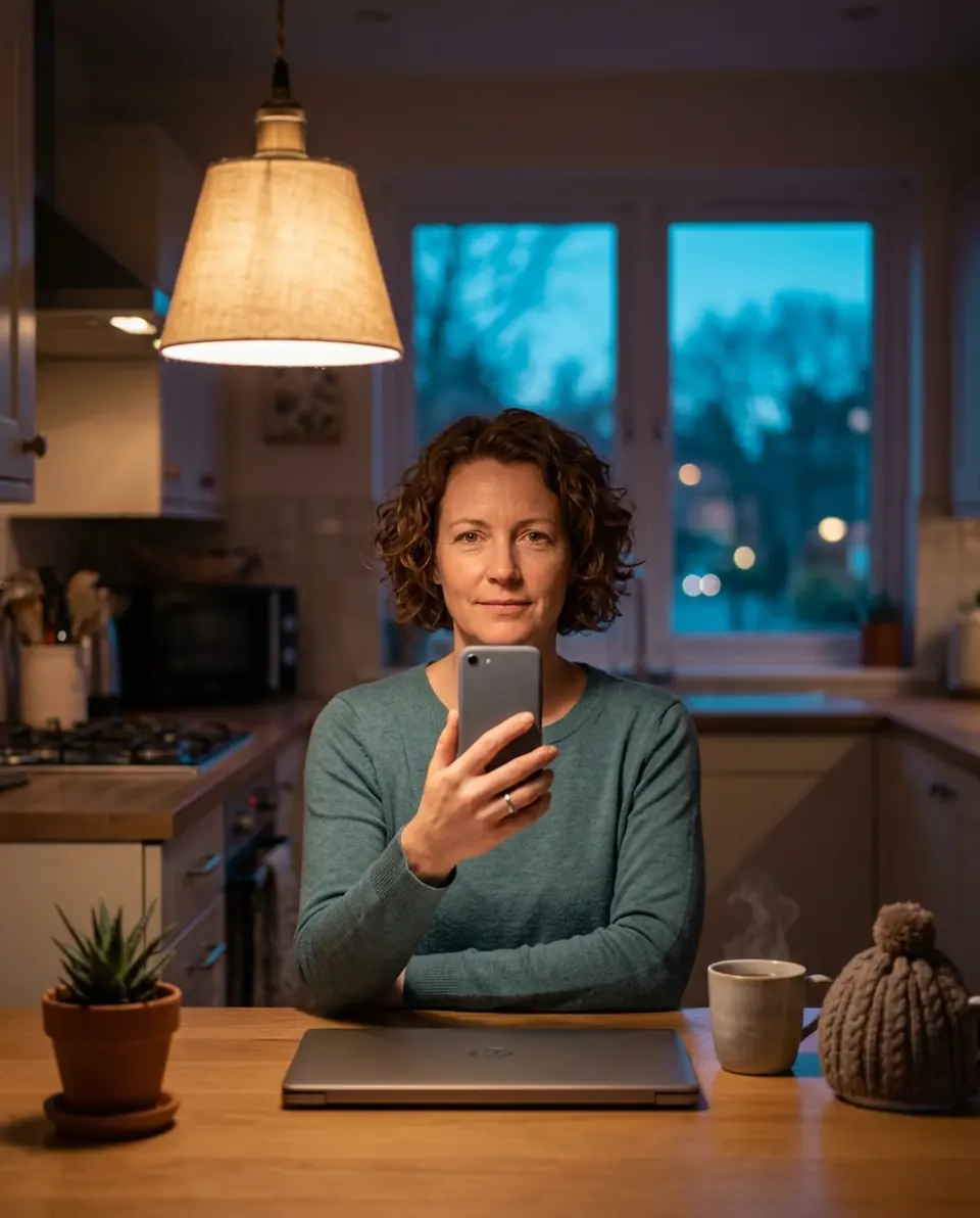 A woman at her kitchen table in the evening, holding her phone up to approve something with her face.