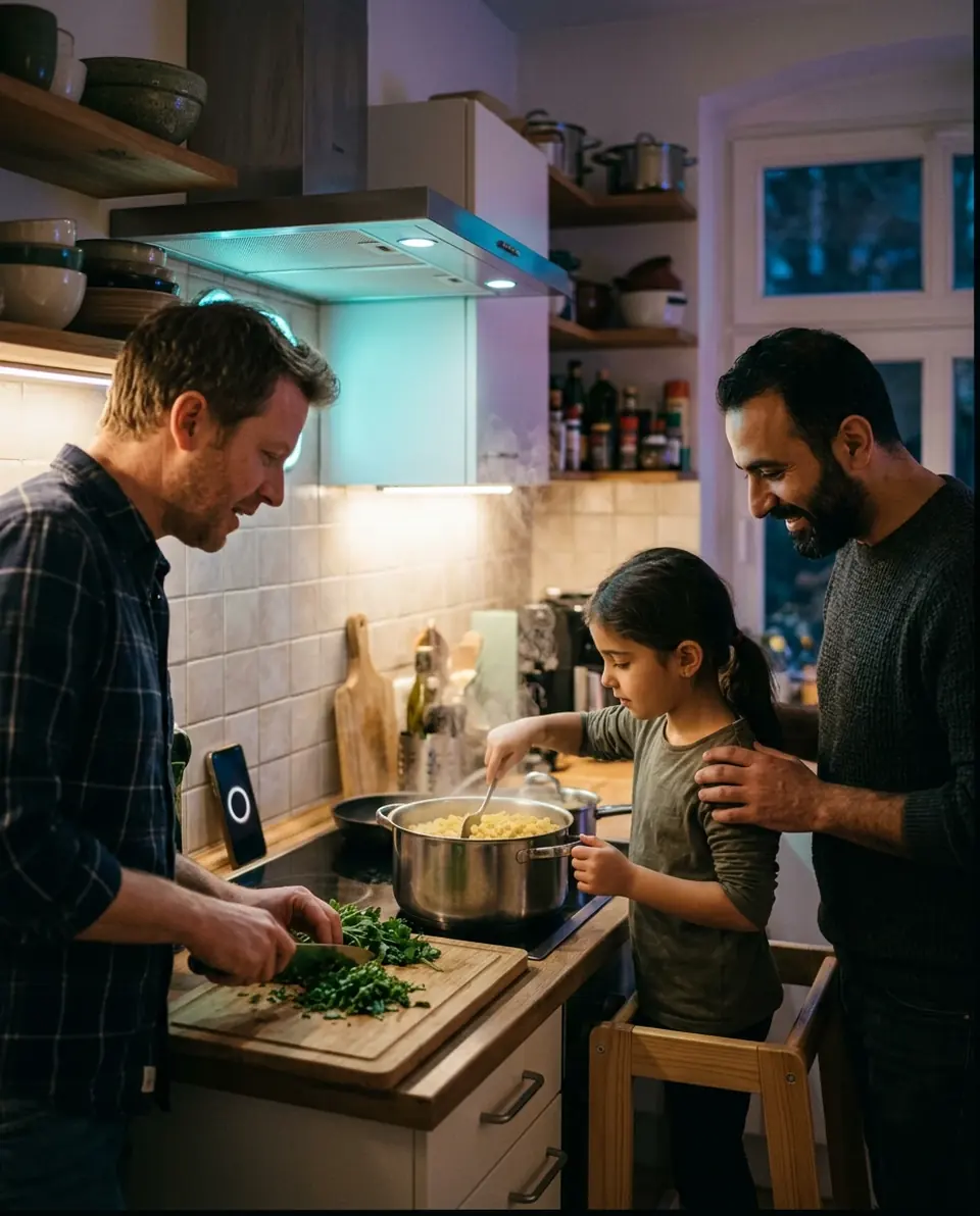 Two fathers cook with their daughter while a phone stands against the kitchen wall (illustrative photo).