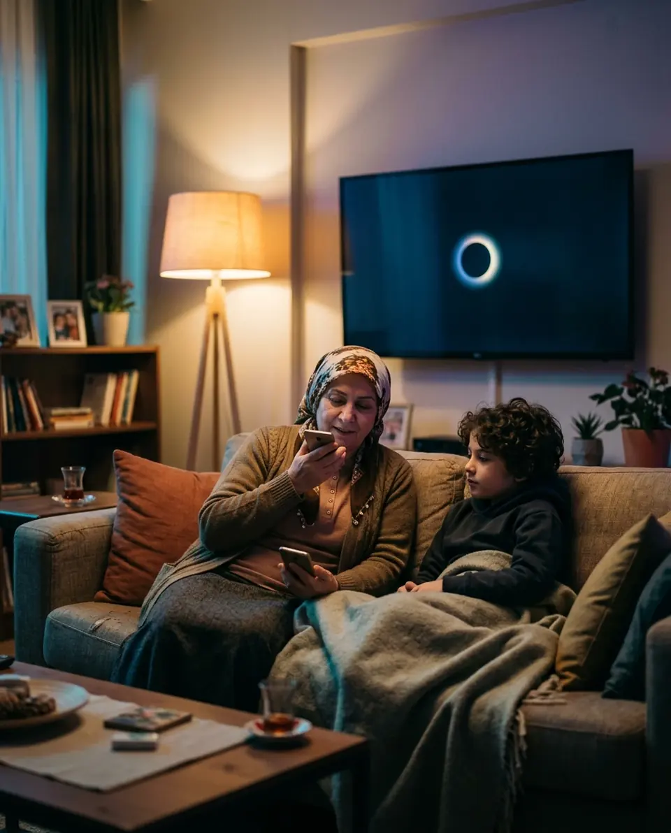 A grandmother and her grandson on the sofa in the evening, a large tv on the wall in front of them (illustrative photo).
