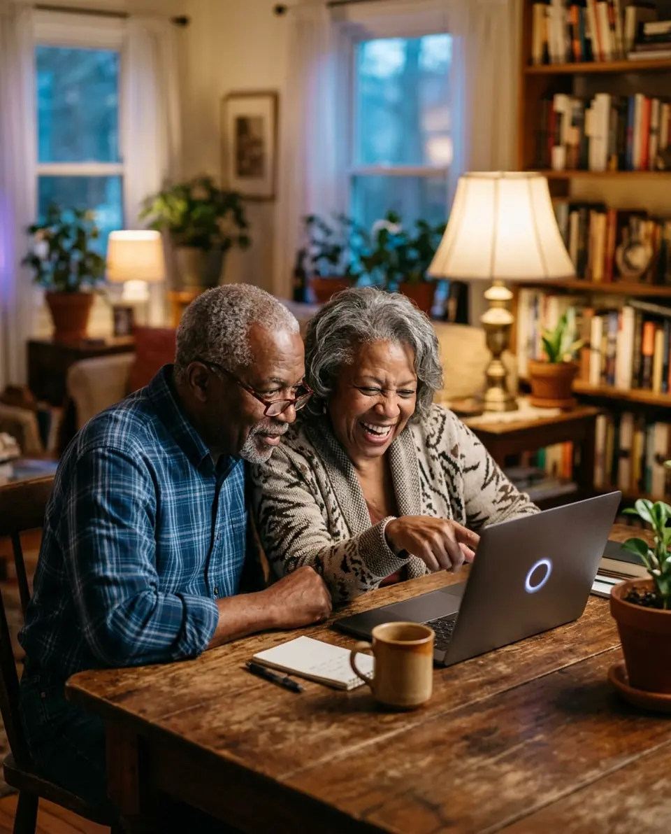 An older couple at their dining table, laughing as they look at a laptop together (illustrative photo).