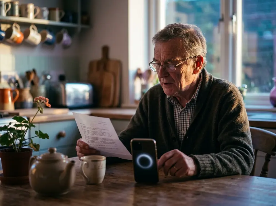 An older man at his kitchen table holds a letter and talks to a phone lying beside a teapot (illustrative photo).
