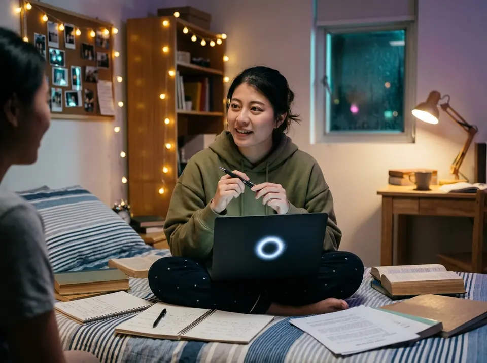 A student sits on her bed at night with a laptop and books, talking and smiling (illustrative photo).