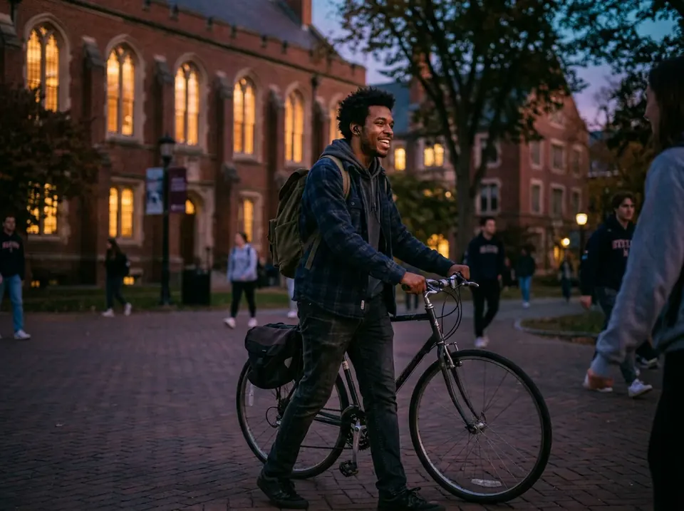 A student walks his bicycle across a campus at dusk, earbuds in, grinning (illustrative photo).