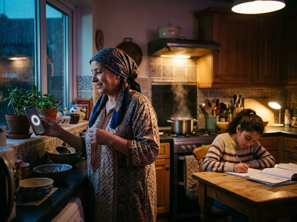 A grandmother in a headscarf talks to a phone on the windowsill while her granddaughter does homework (illustrative photo).