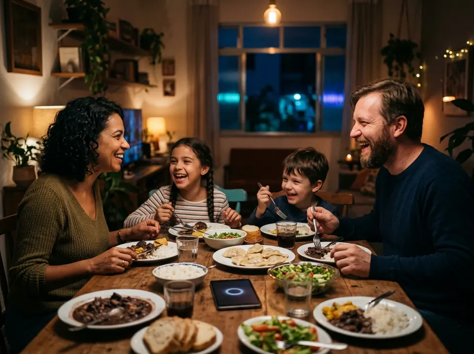 A family laughs together around a dinner table, a phone lying in the middle (illustrative photo).