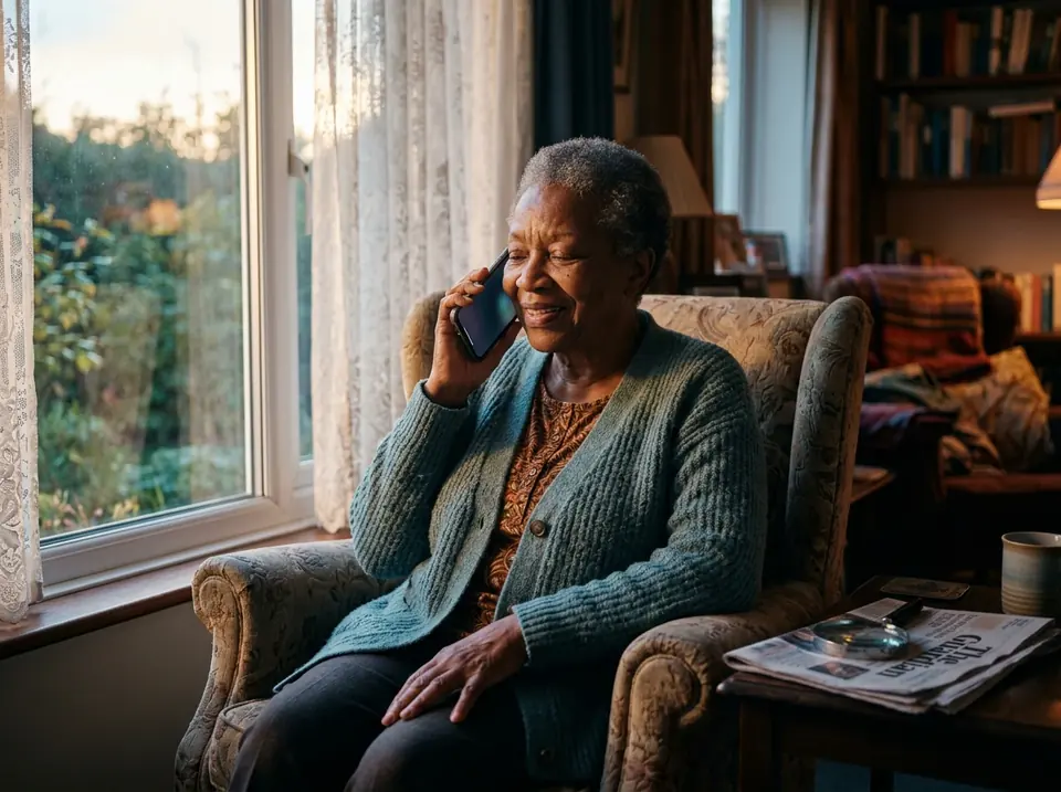 An older woman in an armchair by the window listens to her phone with a small smile (illustrative photo).