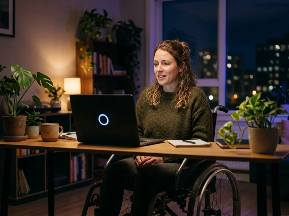 A woman in a wheelchair at her desk talks to a laptop with a soft glowing ring on the screen (illustrative photo).
