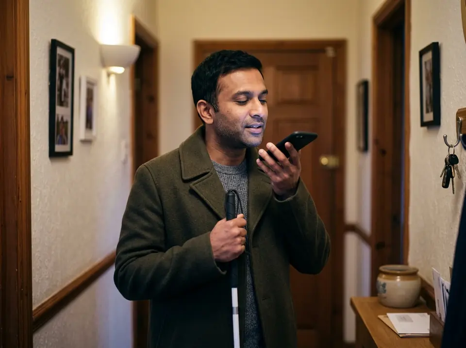 A blind man with a folded white cane puts on his coat in the hallway, talking to his phone (illustrative photo).