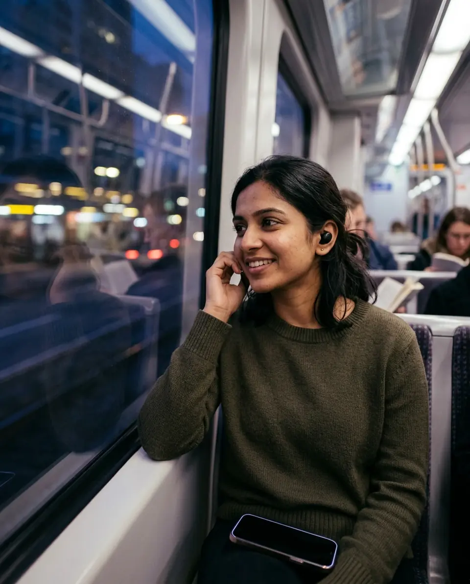 A young woman on an evening train, earbuds in, smiling as she talks (illustrative photo).