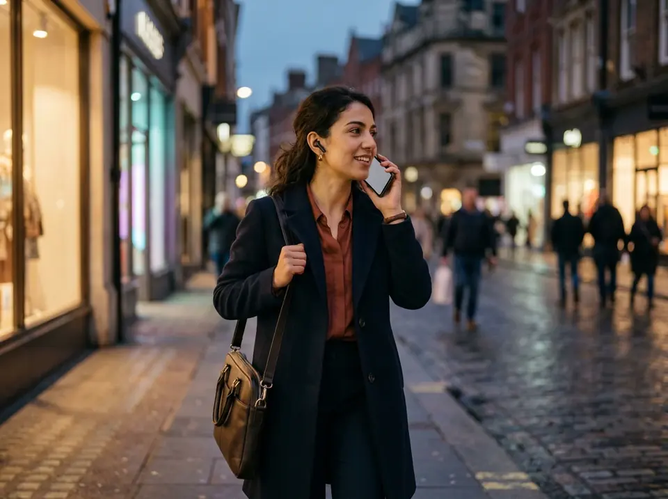 A woman in a smart coat walks along a city street at dusk, talking on her phone (illustrative photo).
