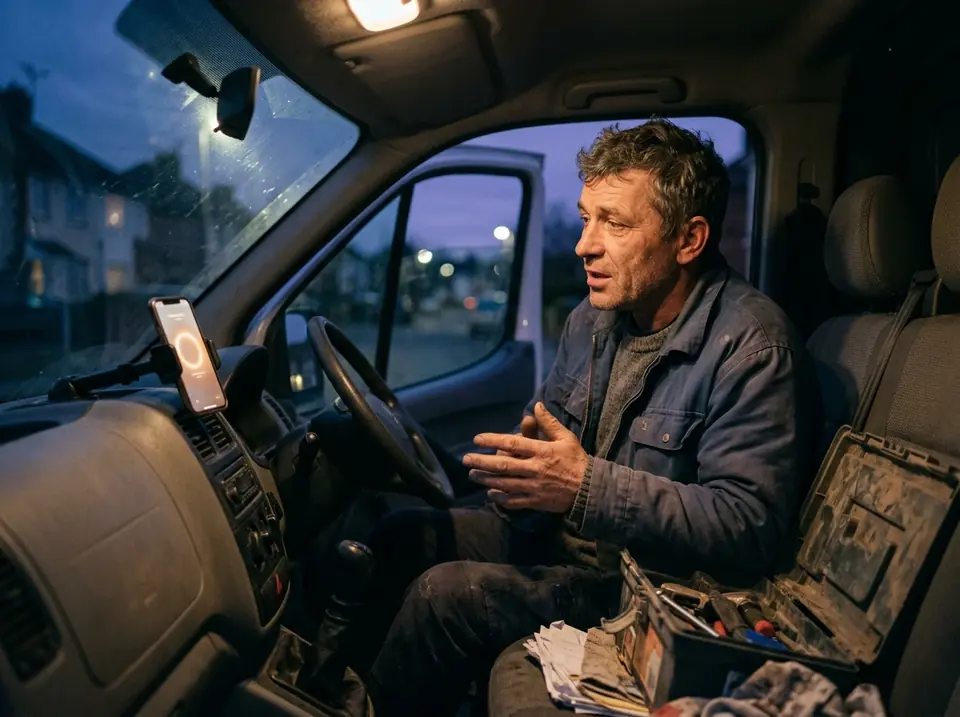 A tradesman in his parked van talks hands-free to a phone in the dashboard holder (illustrative photo).