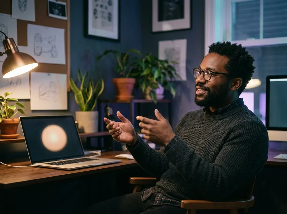 A designer in his home studio talks and gestures, a laptop and sketches on the wall beside him (illustrative photo).