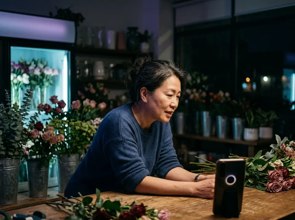 A florist leans on the counter of her shop after closing, talking to a phone that stands among the flowers (illustrative photo).
